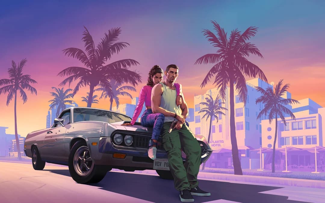 GTA 6 artwork featuring Jason and Lucia in front of a car in Vice City with palm trees and sunset